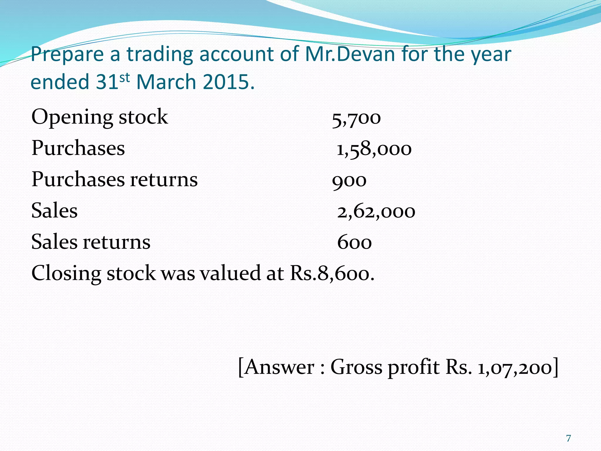 Prepare a trading account of Mr.Devan for the year
ended 31st March 2015.
Opening stock 5,700
Purchases 1,58,000
Purchases returns 900
Sales 2,62,000
Sales returns 600
Closing stock was valued at Rs.8,600.
[Answer : Gross profit Rs. 1,07,200]
7
 