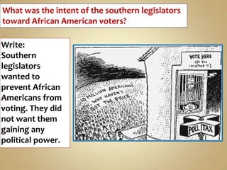 What was the intent of the southern legislators
toward African American voters?
Write:
Southern
legislators
wanted to
prevent African
Americans from
voting. They did
not want them
gaining any
political power.

 