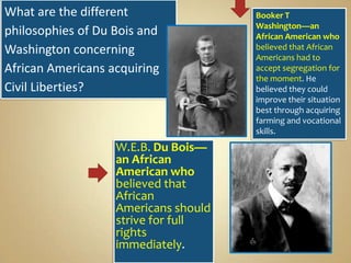 What are the different
philosophies of Du Bois and
Washington concerning
African Americans acquiring
Civil Liberties?

W.E.B. Du Bois—
an African
American who
believed that
African
Americans should
strive for full
rights
immediately.

Booker T
Washington—an
African American who
believed that African
Americans had to
accept segregation for
the moment. He
believed they could
improve their situation
best through acquiring
farming and vocational
skills.

 