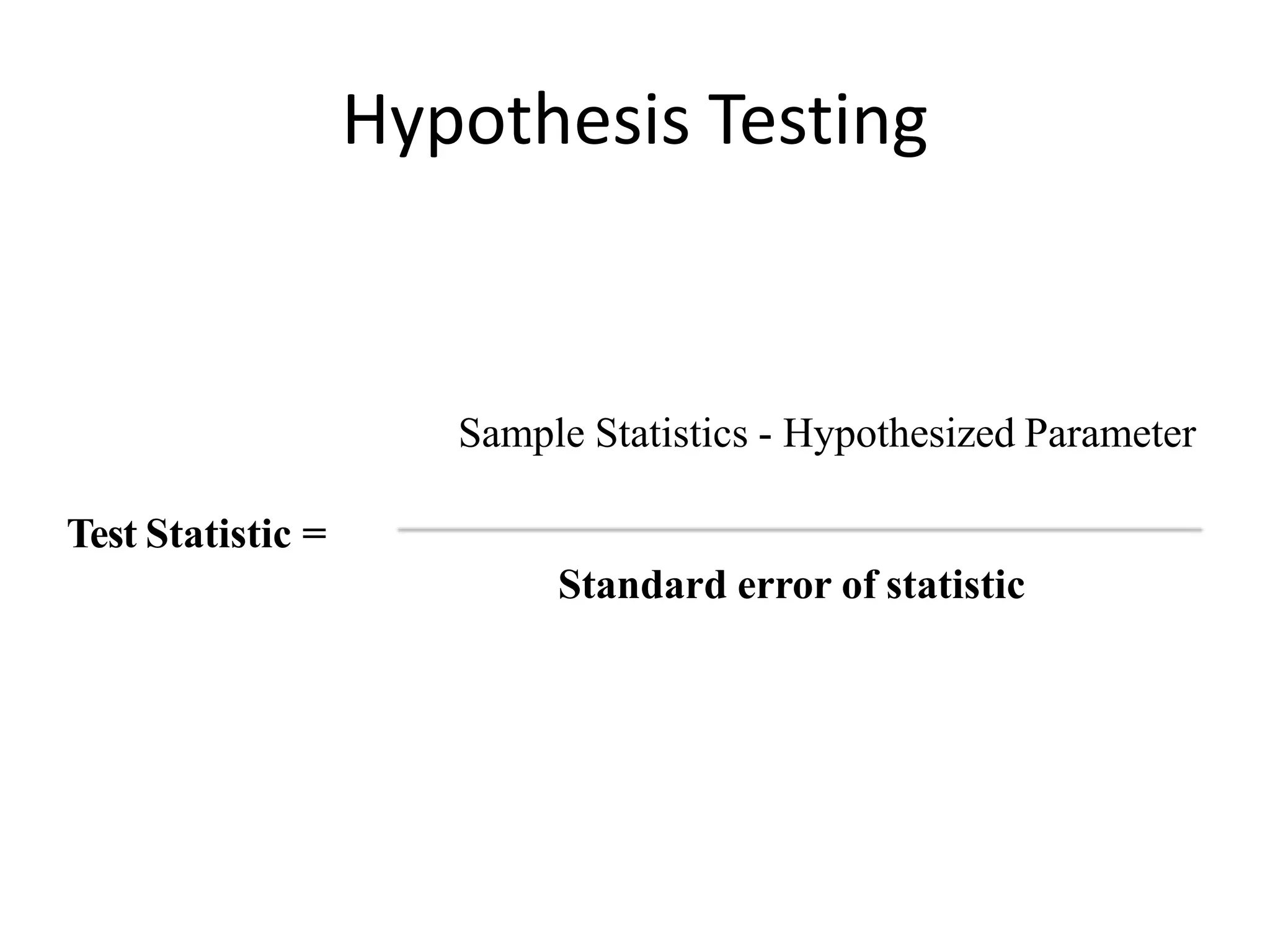 Hypothesis Testing
Sample Statistics - Hypothesized Parameter
Test Statistic =
Standard error of statistic
 
