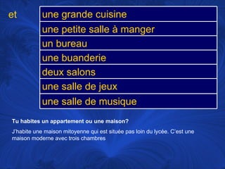 Tu habites un appartement ou une maison?   J’habite une maison mitoyenne qui est située pas loin du lycée. C’est une maison moderne avec trois chambres et une grande cuisine une petite salle à manger un bureau une buanderie deux salons une salle de jeux une salle de musique 
