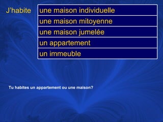 Tu habites un appartement ou une maison?   J’habite une maison individuelle une maison mitoyenne une maison jumelée un appartement un immeuble 
