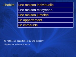 Tu habites un appartement ou une maison?   J’habite une maison mitoyenne J’habite une maison individuelle une maison mitoyenne une maison jumelée un appartement un immeuble 