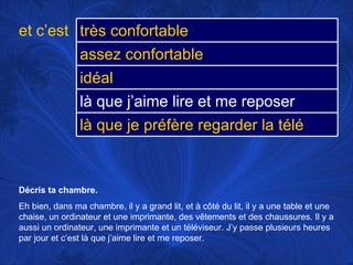 Décris ta chambre.  Eh bien, dans ma chambre, il y a grand lit, et à côté du lit, il y a une table et une chaise, un ordinateur et une imprimante, des vêtements et des chaussures. Il y a aussi un ordinateur, une imprimante et un téléviseur. J’y passe plusieurs heures par jour et c’est là que j’aime lire et me reposer.  et c’est très confortable assez confortable idéal là que j’aime lire et me reposer là que je préfère regarder la télé 