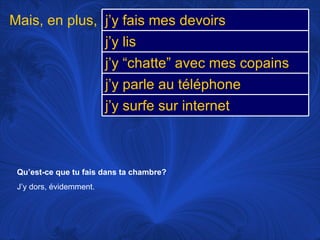 Qu’est-ce que tu fais dans ta chambre? J’y dors, évidemment.  Mais, en plus, j’y fais mes devoirs j’y lis j’y “chatte” avec mes copains j’y parle au téléphone j’y surfe sur internet 