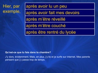 Qu’est-ce que tu fais dans ta chambre? J’y dors, évidemment. Mais, en plus, j’y lis et je surfe sur internet. Mes parents pensent que j’y passe trop de temps.  Hier, par exemple, après avoir lu un peu après avoir fait mes devoirs après m’être réveillé après m’être couché après être rentré du lycée 