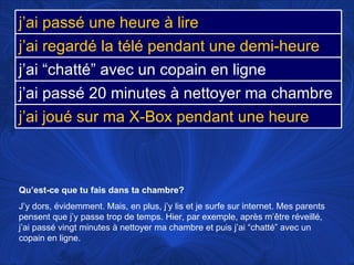 Qu’est-ce que tu fais dans ta chambre? J’y dors, évidemment. Mais, en plus, j’y lis et je surfe sur internet. Mes parents pensent que j’y passe trop de temps. Hier, par exemple, après m’être réveillé, j’ai passé vingt minutes à nettoyer ma chambre et puis j’ai “chatté” avec un copain en ligne.  j’ai passé une heure à lire j’ai regardé la télé pendant une demi-heure j’ai “chatté” avec un copain en ligne j’ai passé 20 minutes à nettoyer ma chambre j’ai joué sur ma X-Box pendant une heure 