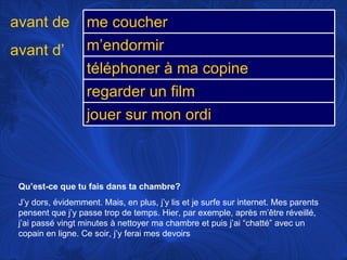 Qu’est-ce que tu fais dans ta chambre? J’y dors, évidemment. Mais, en plus, j’y lis et je surfe sur internet. Mes parents pensent que j’y passe trop de temps. Hier, par exemple, après m’être réveillé, j’ai passé vingt minutes à nettoyer ma chambre et puis j’ai “chatté” avec un copain en ligne. Ce soir, j’y ferai mes devoirs avant de avant d’ me coucher m’endormir téléphoner à ma copine regarder un film jouer sur mon ordi 