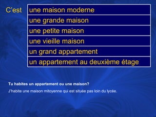 Tu habites un appartement ou une maison?   J’habite une maison mitoyenne qui est située pas loin du lycée.  C’est une maison moderne une grande maison une petite maison une vieille maison un grand appartement un appartement au deuxième étage 