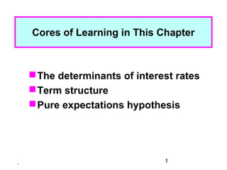 Cores of Learning in This Chapter



     The determinants of interest rates
     Term structure
     Pure expectations hypothesis




.                               1
 