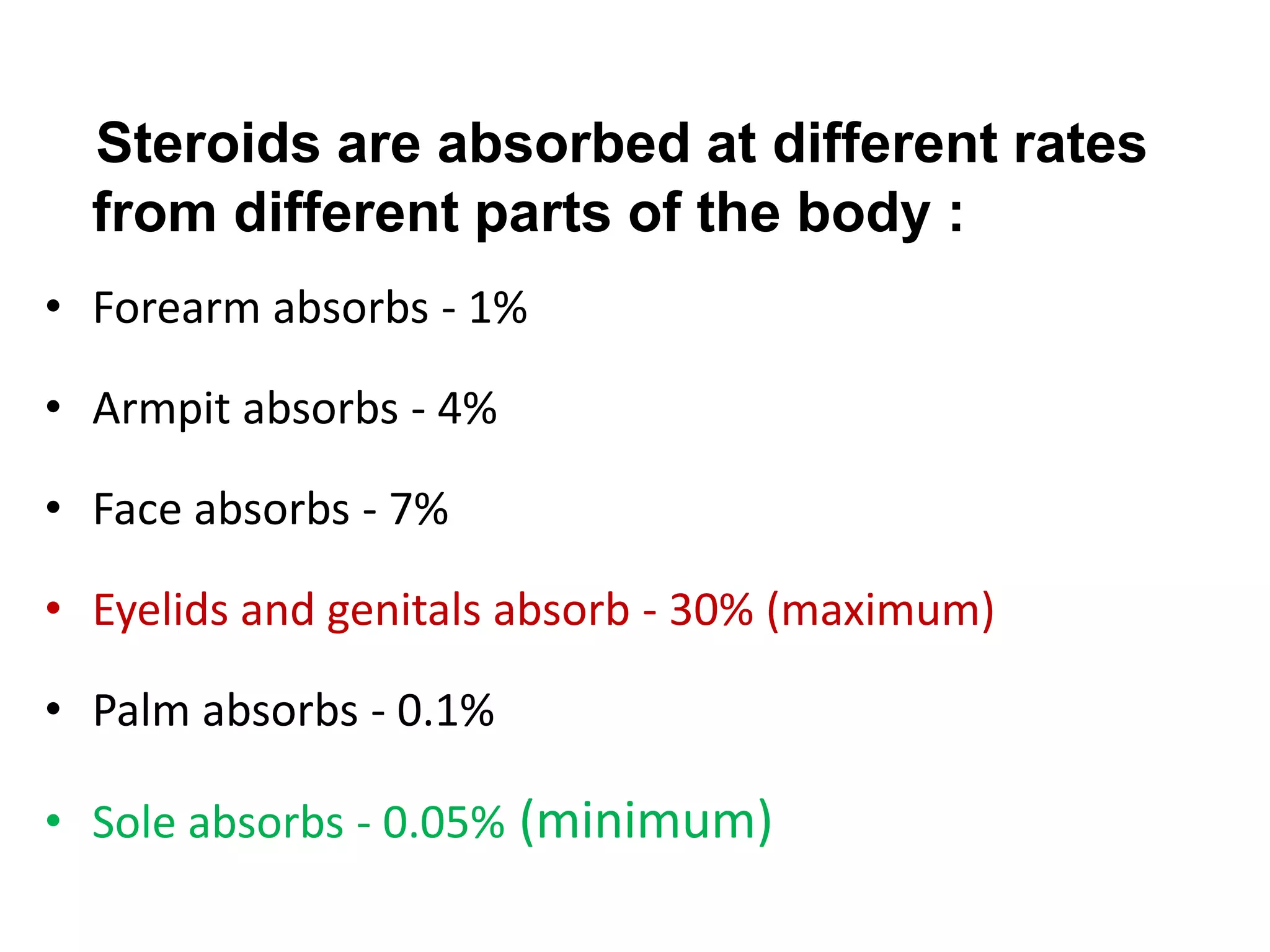 Steroids are absorbed at different rates
from different parts of the body :
• Forearm absorbs - 1%
• Armpit absorbs - 4%
• Face absorbs - 7%
• Eyelids and genitals absorb - 30% (maximum)
• Palm absorbs - 0.1%
• Sole absorbs - 0.05% (minimum)
 