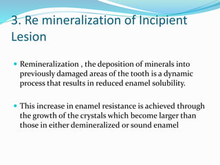 3. Re mineralization of Incipient
Lesion
 Remineralization , the deposition of minerals into
previously damaged areas of the tooth is a dynamic
process that results in reduced enamel solubility.
 This increase in enamel resistance is achieved through
the growth of the crystals which become larger than
those in either demineralized or sound enamel
 