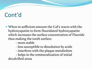 Cont’d
 When in sufficient amount the CaF2 reacts with the
hydroxyapatite to form fluoridated hydroxyapatite
which increases the surface concentration of Fluoride
thus making the tooth surface:
- more stable
- less susceptible to dissolution by acids
- interferes with the plaque metabolism
- helps in the remineralization of initial
decalcified areas
 