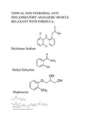 TOPICAL NON STEROIDAL ANTI
INFLAMMATORY ANALGESIC MUSCLE
RELAXANT WITH FORMULA:
Diclofenac Sodium
Methyl Salicylate
Mephenesin
 
