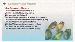 Ideal Properties of Bases
 It must retain the shape and size.
 It should melt at body temperature.
 It should be non-irritant.
 It should shrink sufficiently to remove from mould.
 It should not interfere in release or absorption of drug.
 It should permit incorporation of drug.
 It should be compatible with variety of drugs.
 It should be physically stable on storage.
 It should not be soften or harden on storage.
7/16/2022 25
 