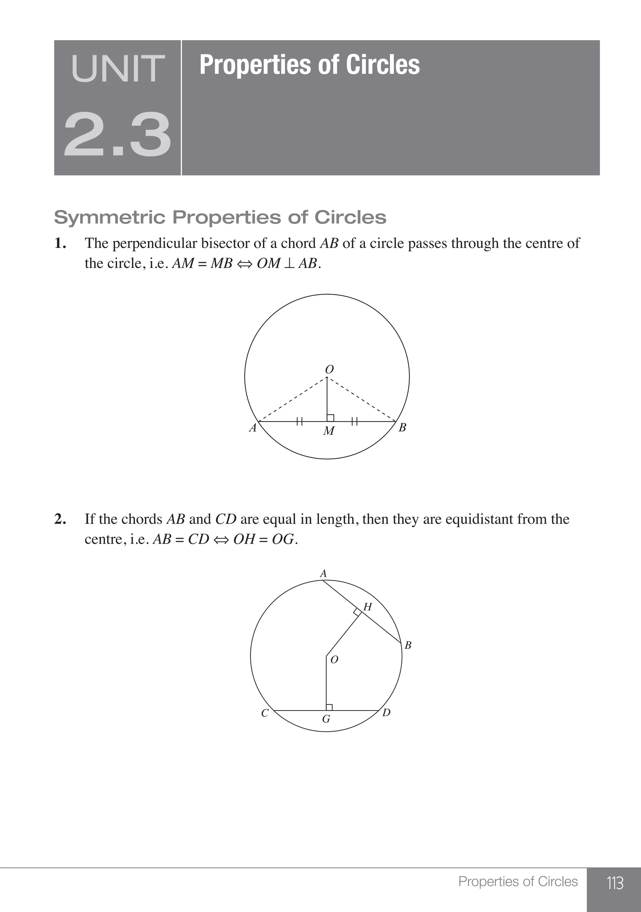 113Properties of Circles
Symmetric Properties of Circles		
1.	 The perpendicular bisector of a chord AB of a circle passes through the centre of
	 the circle, i.e. AM = MB ⇔ OM ⊥ AB.
A
O
BM
2.	 If the chords AB and CD are equal in length, then they are equidistant from the
	 centre, i.e. AB = CD ⇔ OH = OG.
A
O
B
DC
G
H
UNIT
2.3
Properties of Circles
 