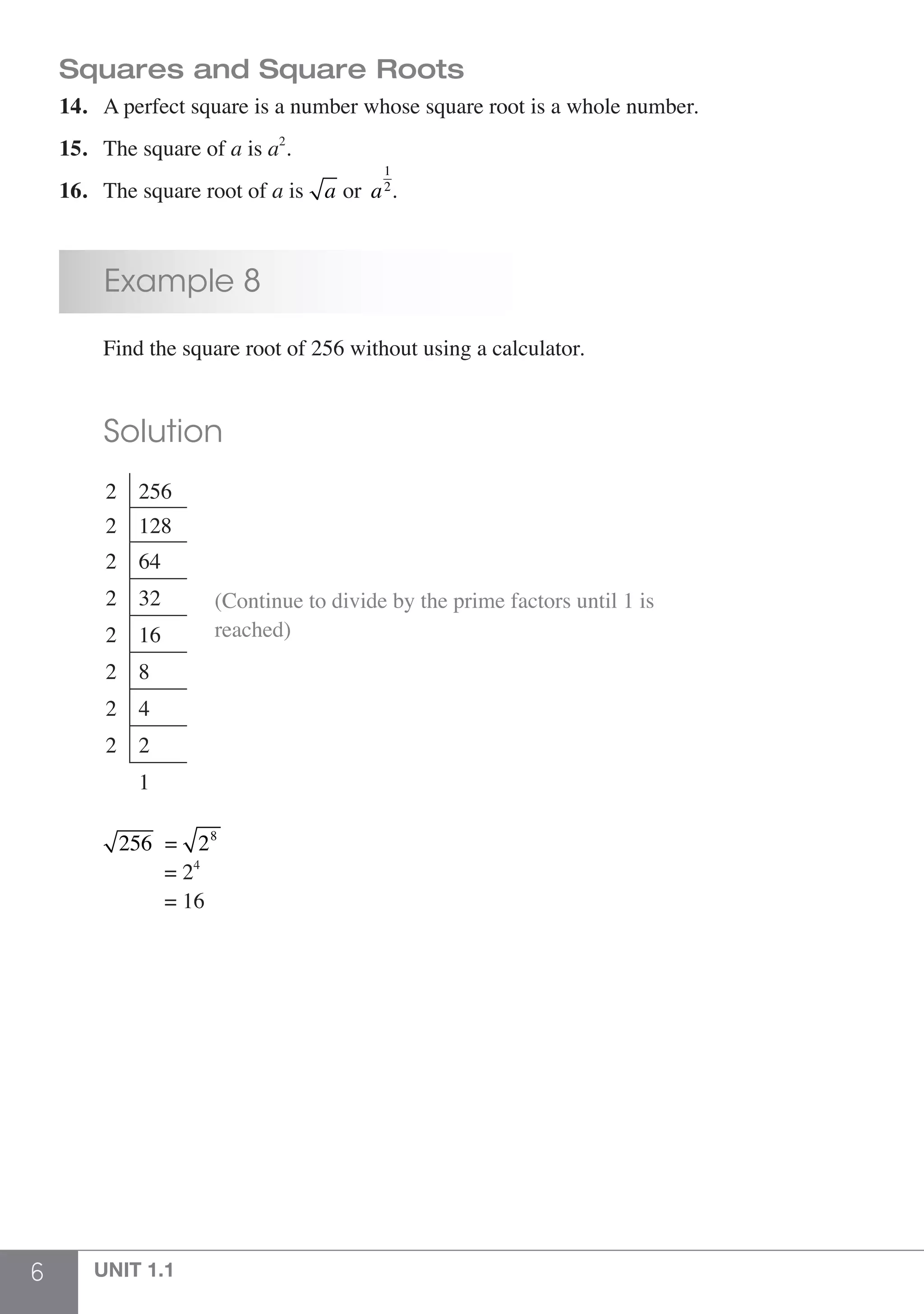 6 UNIT 1.1
Squares and Square Roots
14.	 A perfect square is a number whose square root is a whole number.
15.	 The square of a is a2
.
16.	 The square root of a is a or a
1
2
.
	 Example 8
	 Find the square root of 256 without using a calculator.
	 Solution
	 2 256
2 128
2 64
2 32
2 16
2 8
2 4
2 2
1
(Continue to divide by the prime factors until 1 is
reached)
	 256 = 28
	 = 24
	 = 16
 