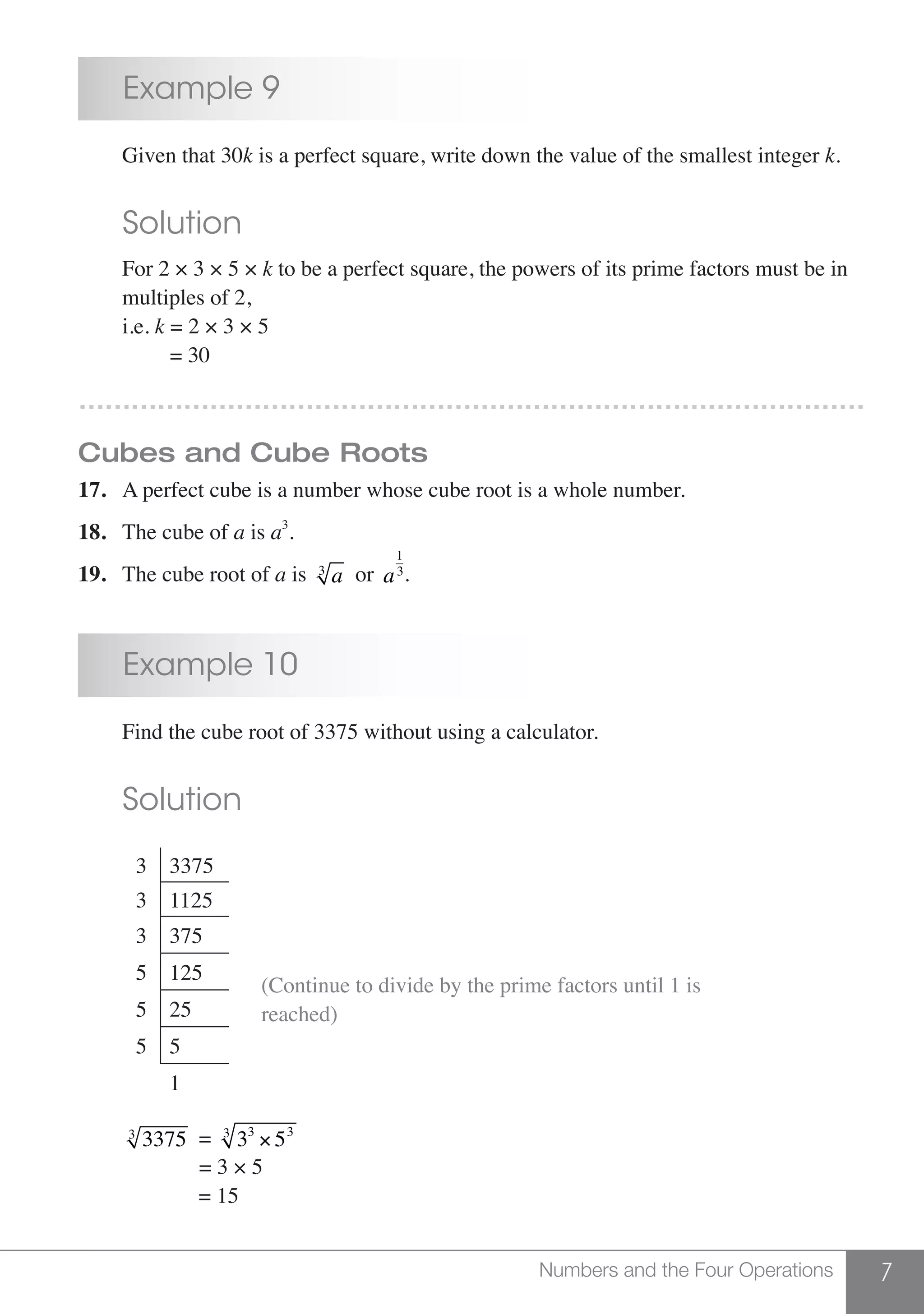 7Numbers and the Four Operations
	 Example 9
	 Given that 30k is a perfect square, write down the value of the smallest integer k.
	 Solution
	 For 2 × 3 × 5 × k to be a perfect square, the powers of its prime factors must be in
	 multiples of 2,
	 i.e. k = 2 × 3 × 5
		 = 30
………………………………………………………………………………
Cubes and Cube Roots
17.	 A perfect cube is a number whose cube root is a whole number.
18.	 The cube of a is a3
.
19.	 The cube root of a is a3 or a
1
3.
	 Example 10
	 Find the cube root of 3375 without using a calculator.
	 Solution
	
	
3 3375
3 1125
3 375
5 125
5 25
5 5
1
	
		 	
(Continue to divide by the prime factors until 1 is
reached)
	 33753 = 33
× 533
	 = 3 × 5
	 = 15
 