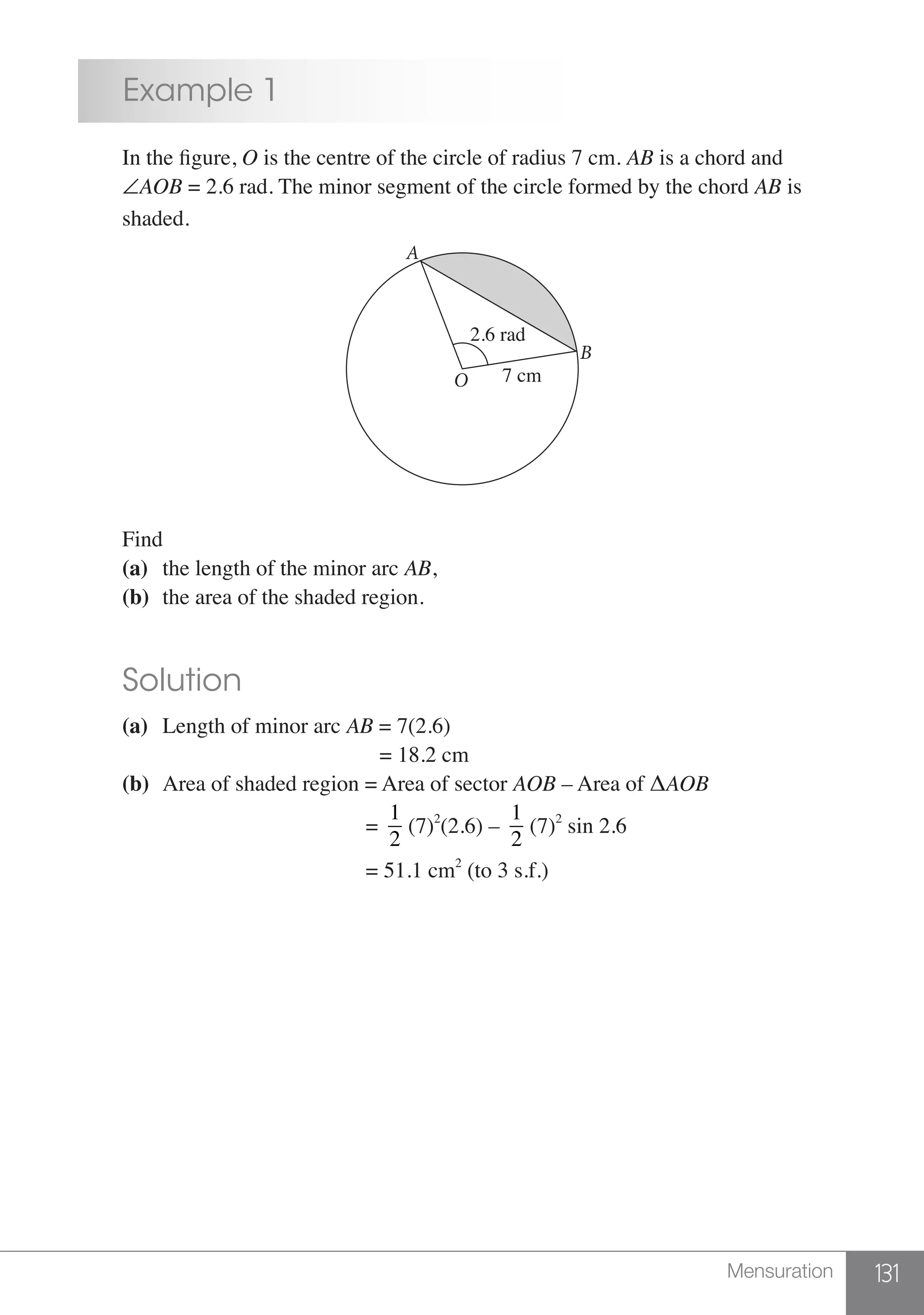 131Mensuration
	 Example 1
	 In the figure, O is the centre of the circle of radius 7 cm. AB is a chord and
	 ∠AOB = 2.6 rad. The minor segment of the circle formed by the chord AB is
	shaded.
2.6 rad
7 cmO
B
A
	Find
	 (a)	 the length of the minor arc AB,
	 (b) 	the area of the shaded region.
	 Solution
	 (a) 	Length of minor arc AB = 7(2.6)
						 = 18.2 cm
	 (b) 	Area of shaded region = Area of sector AOB – Area of ΔAOB
						 =
1
2
(7)2
(2.6) –
1
2
(7)2
sin 2.6
						 = 51.1 cm2
(to 3 s.f.)
 