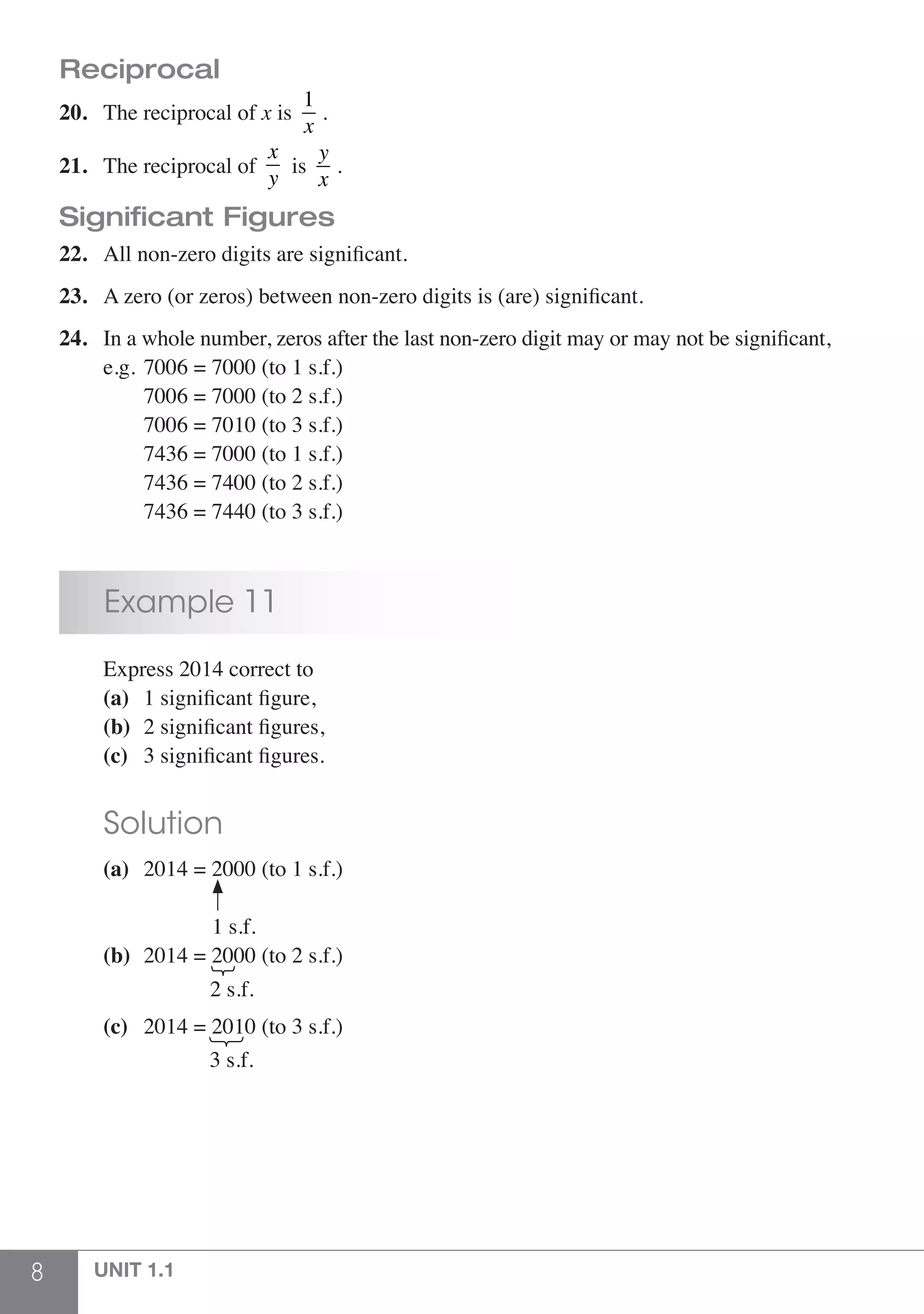 8 UNIT 1.1
Reciprocal
20.	 The reciprocal of x is
1
x
.
21.	The reciprocal of
x
y
is
y
x
.
Significant Figures
22.	 All non-zero digits are significant.
23.	 A zero (or zeros) between non-zero digits is (are) significant.
24.	 In a whole number, zeros after the last non-zero digit may or may not be significant,
	 e.g. 	7006 = 7000 (to 1 s.f.)
		 7006 = 7000 (to 2 s.f.)
		 7006 = 7010 (to 3 s.f.)
		 7436 = 7000 (to 1 s.f.)
		 7436 = 7400 (to 2 s.f.)
		 7436 = 7440 (to 3 s.f.)
	 Example 11
	 Express 2014 correct to
	 (a)	 1 significant figure,
	 (b)	 2 significant figures,
	 (c)	 3 significant figures.
	 Solution
	 (a)	 2014 = 2000 (to 1 s.f.)	
			
		 1 s.f.
	 (b)	 2014 = 2000 (to 2 s.f.)	
			 2 s.f.		
	 (c)	 2014 = 2010 (to 3 s.f.)	
			 3 s.f.
 