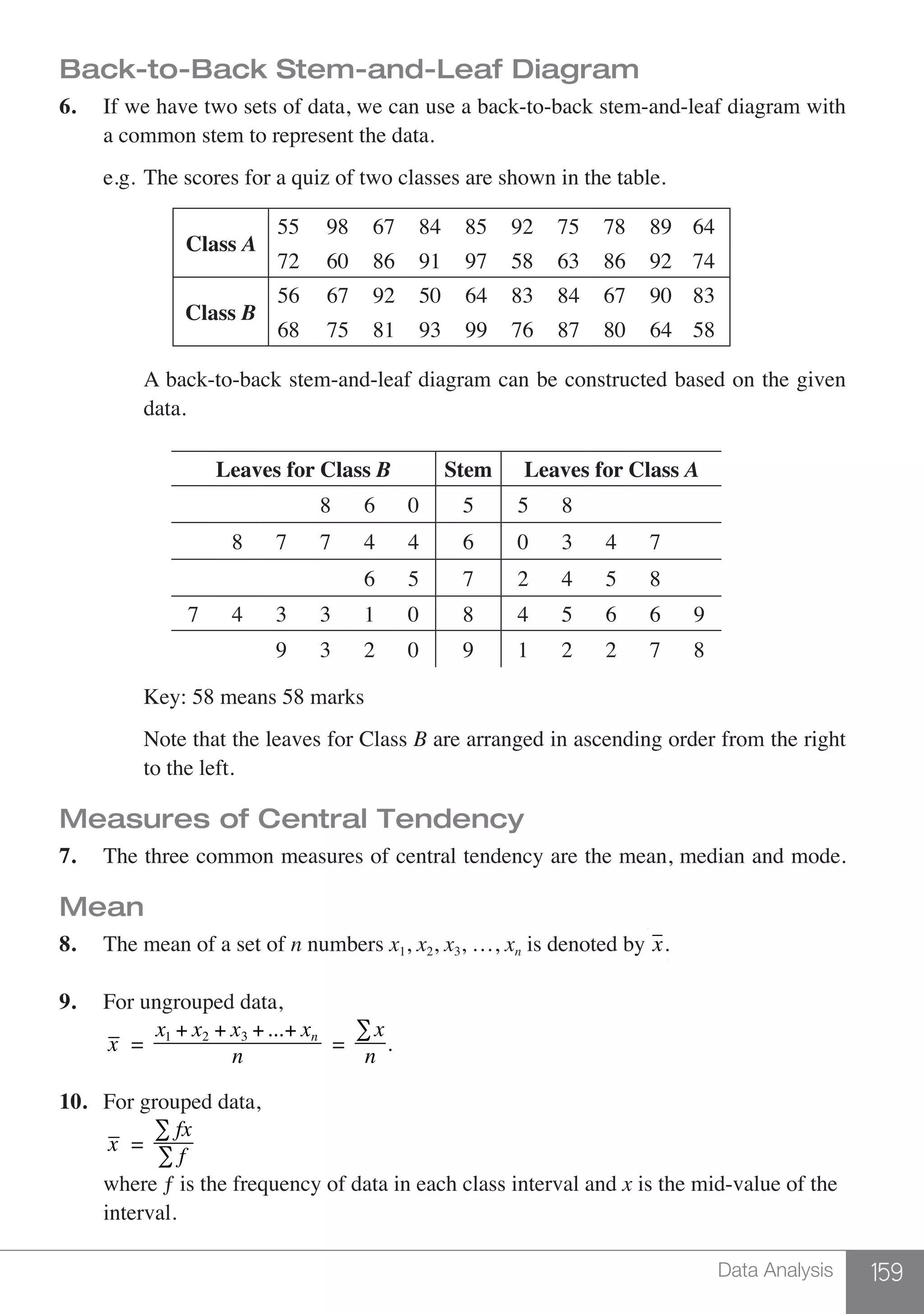 159Data Analysis
Back-to-Back Stem-and-Leaf Diagram
6.	 If we have two sets of data, we can use a back-to-back stem-and-leaf diagram with
	 a common stem to represent the data.
	 e.g.	The scores for a quiz of two classes are shown in the table.
		
Class A
55 98 67 84 85 92 75 78 89 64
72 60 86 91 97 58 63 86 92 74
Class B
56 67 92 50 64 83 84 67 90 83
68 75 81 93 99 76 87 80 64 58
		 A back-to-back stem-and-leaf diagram can be constructed based on the given
		data.
		
Leaves for Class B Stem Leaves for Class A
8 6 0 5 5 8
8 7 7 4 4 6 0 3 4 7
6 5 7 2 4 5 8
7 4 3 3 1 0 8 4 5 6 6 9
9 3 2 0 9 1 2 2 7 8
		 Key: 58 means 58 marks
		 Note that the leaves for Class B are arranged in ascending order from the right
		 to the left.
Measures of Central Tendency
7.	 The three common measures of central tendency are the mean, median and mode.
Mean
8.	 The mean of a set of n numbers x1, x2, x3, …, xn is denoted by x.
9.	 For ungrouped data,
	 x =
x1 + x2 + x3 +...+ xn
n
=
∑x
n
.
10.	 For grouped data,
	 x =
∑ fx
∑ f
	 where ƒ is the frequency of data in each class interval and x is the mid-value of the
	interval.
 