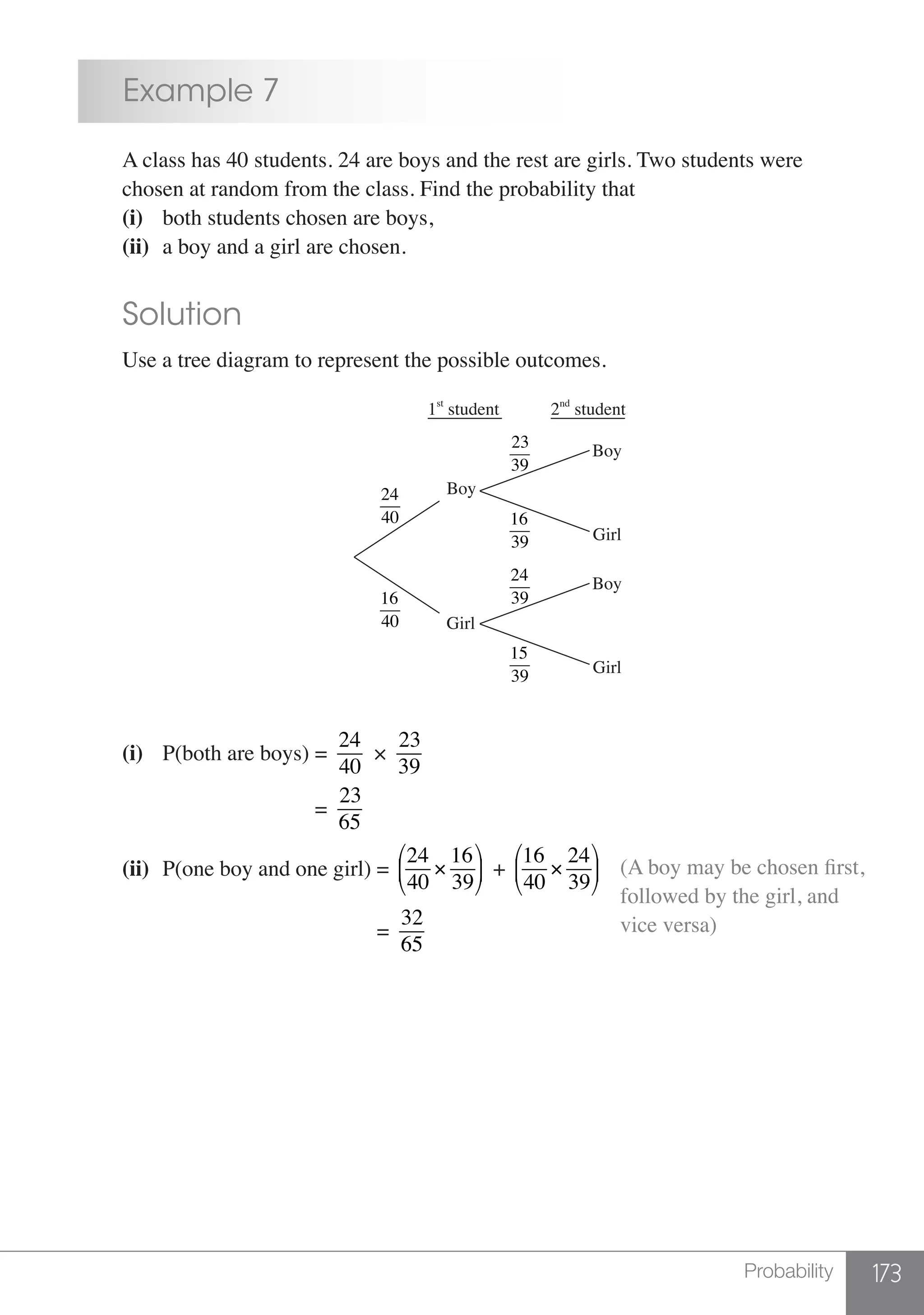 173Probability
	 Example 7
	 A class has 40 students. 24 are boys and the rest are girls. Two students were
	 chosen at random from the class. Find the probability that
	 (i)	 both students chosen are boys,
	 (ii)	 a boy and a girl are chosen.
	 Solution
	 Use a tree diagram to represent the possible outcomes.
	
2nd
student1st
student
Boy
Boy
Boy
Girl
Girl
Girl
24
40
16
40
15
39
24
39
16
39
23
39
	 (i)	 P(both are boys) =
24
40
×
23
39
					 =
23
65
	
	 (ii)	 P(one boy and one girl) =
24
40
×
16
39
⎛
⎝
⎜
⎞
⎠
⎟ +
16
40
×
24
39
⎛
⎝
⎜
⎞
⎠
⎟ (A boy may be chosen first,
followed by the girl, and
vice versa)					 =
32
65
 