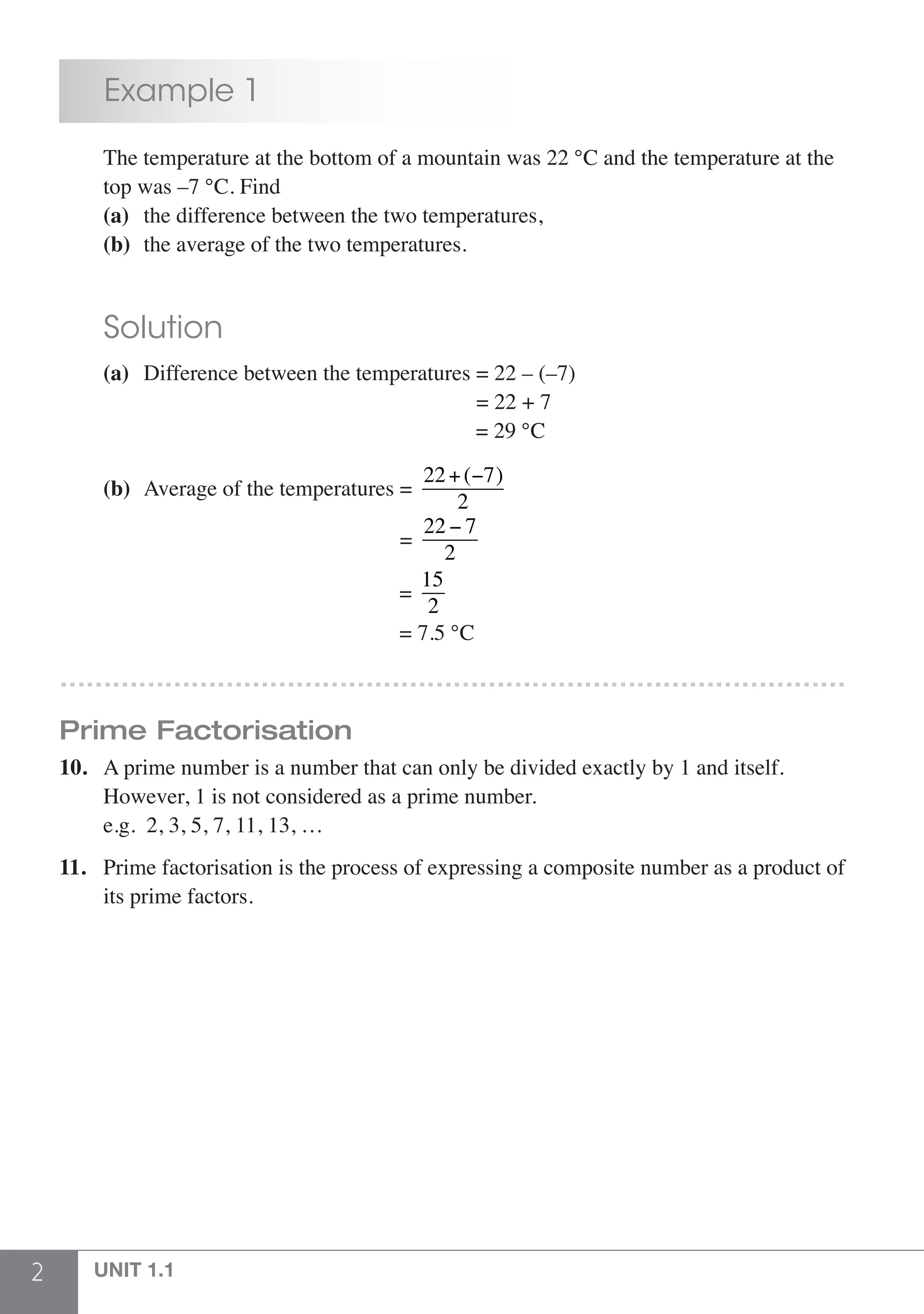 2 UNIT 1.1
	 Example 1
	 The temperature at the bottom of a mountain was 22 °C and the temperature at the 	
	 top was –7 °C. Find
	 (a)	 the difference between the two temperatures,	
	 (b)	 the average of the two temperatures.	
	 Solution
	 (a) 	Difference between the temperatures = 22 – (–7)
							 = 22 + 7
							 = 29 °C
	 (b) 	Average of the temperatures =
22+(−7)
2
						 =
22 − 7
2
						 =
15
2
						 = 7.5 °C
………………………………………………………………………………
Prime Factorisation
10.	 A prime number is a number that can only be divided exactly by 1 and itself.
	 However, 1 is not considered as a prime number.
	 e.g. 2, 3, 5, 7, 11, 13, …
11.	 Prime factorisation is the process of expressing a composite number as a product of
	 its prime factors.
 