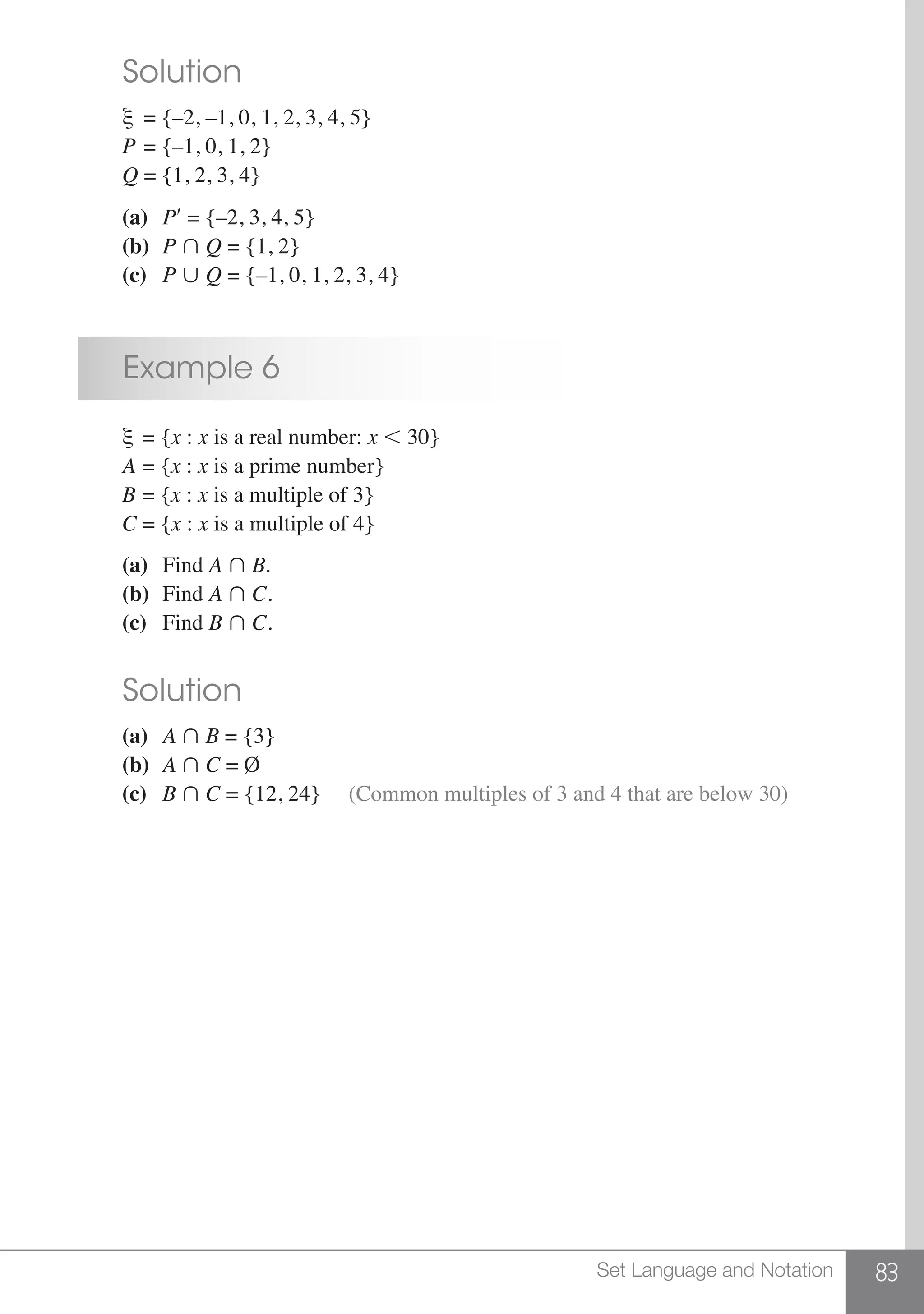 83Set Language and Notation
	 Solution
	 ξ  = {–2, –1, 0, 1, 2, 3, 4, 5}
	 P = {–1, 0, 1, 2}
	 Q = {1, 2, 3, 4}
	(a)	 P′ = {–2, 3, 4, 5}
	 (b)	 P  Q = {1, 2}
	 (c)	 P  Q = {–1, 0, 1, 2, 3, 4}
	 Example 6
	 ξ = {x : x is a real number: x , 30}
	 A = {x : x is a prime number}
	 B = {x : x is a multiple of 3}
	 C = {x : x is a multiple of 4}
	 (a)	Find A  B.
	 (b)	Find A  C.
	 (c)	Find B  C.
	 Solution
	 (a)	 A  B = {3}	
	 (b)	 A  C = Ø
	 (c)	 B  C = {12, 24}     (Common multiples of 3 and 4 that are below 30)
 