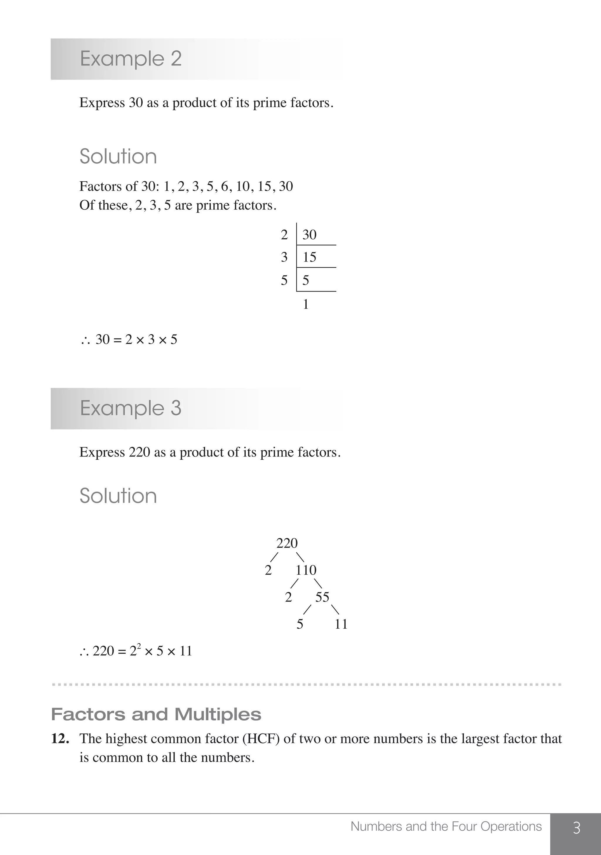 3Numbers and the Four Operations
	 Example 2
	 Express 30 as a product of its prime factors.
	 Solution
	 Factors of 30: 1, 2, 3, 5, 6, 10, 15, 30
	 Of these, 2, 3, 5 are prime factors.
	
	
2 30
3 15
5 5
1
	 ∴ 30 = 2 × 3 × 5
	 Example 3
	 Express 220 as a product of its prime factors.
	 Solution
	
220
2 110
2 55
5 11
	  220 = 22
× 5 × 11
………………………………………………………………………………
Factors and Multiples
12.	 The highest common factor (HCF) of two or more numbers is the largest factor that
	 is common to all the numbers.
 
