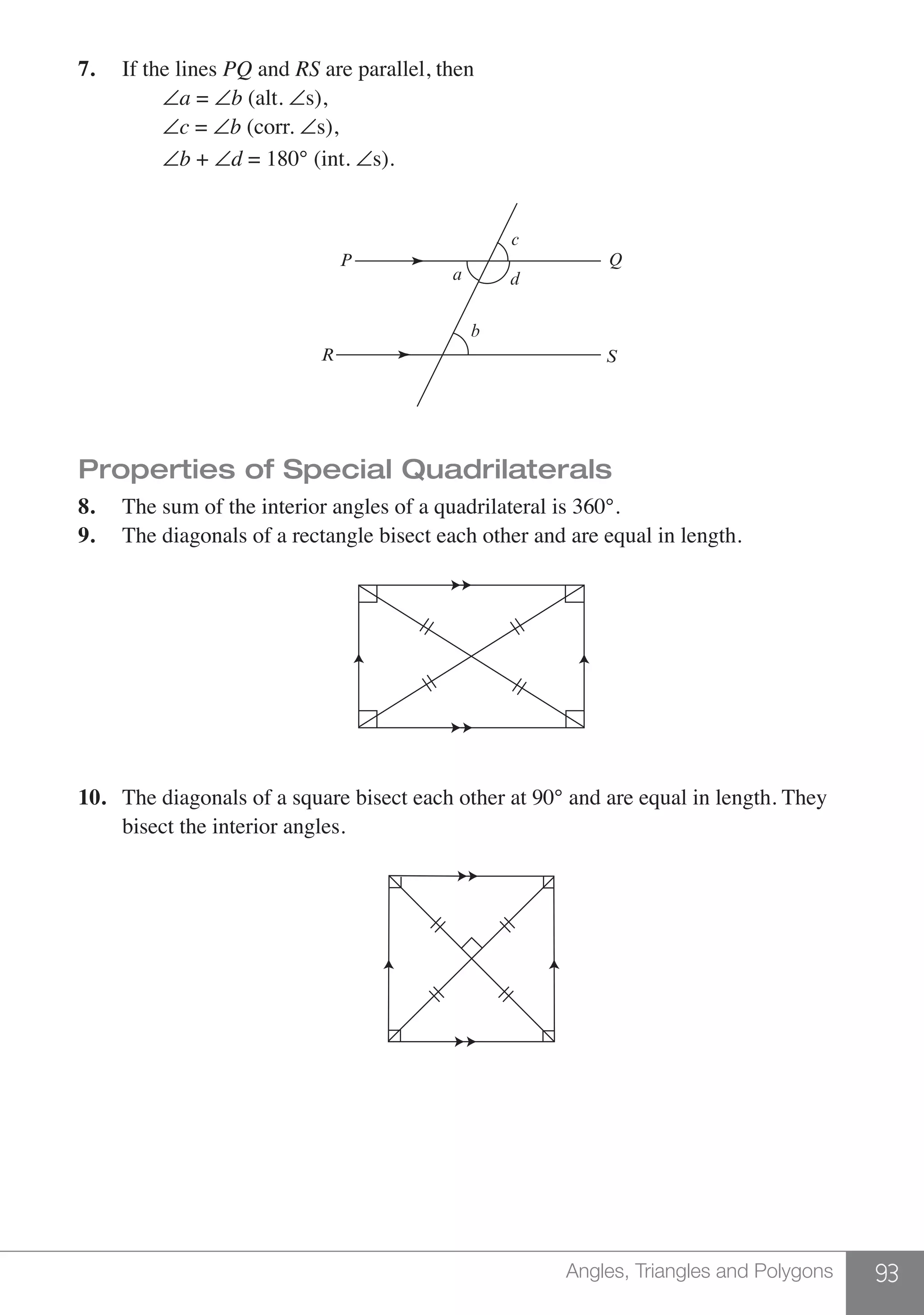 93Angles, Triangles and Polygons
7.	 If the lines PQ and RS are parallel, then
		∠a = ∠b (alt. ∠s),
		∠c = ∠b (corr. ∠s),
		∠b + ∠d = 180° (int. ∠s).
a
c
b
d
P
R
Q
S
Properties of Special Quadrilaterals
8.	 The sum of the interior angles of a quadrilateral is 360°.
9.	 The diagonals of a rectangle bisect each other and are equal in length.
10.	 The diagonals of a square bisect each other at 90° and are equal in length. They
	 bisect the interior angles.
 