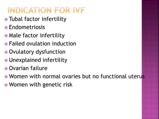  Tubal factor infertility
 Endometriosis
 Male factor infertility
 Failed ovulation induction
 Ovulatory dysfunction
 Unexplained infertility
 Ovarian failure
 Women with normal ovaries but no functional uterus
 Women with genetic risk
 