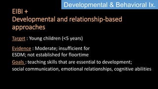 EIBI +
Developmental and relationship-based
approaches
Developmental & Behavioral Ix.
Target : Young children (<5 years)
Evidence : Moderate; insufficient for
ESDM; not established for floortime
Goals : teaching skills that are essential to development;
social communication, emotional relationships, cognitive abilities
 