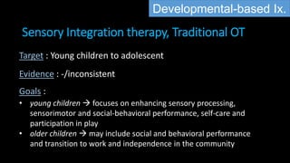 Sensory Integration therapy, Traditional OT
Target : Young children to adolescent
Evidence : -/inconsistent
Goals :
• young children  focuses on enhancing sensory processing,
sensorimotor and social-behavioral performance, self-care and
participation in play
• older children  may include social and behavioral performance
and transition to work and independence in the community
Developmental-based Ix.
 