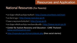 National Resources (For Parents)
• สถาบันสุขภาพจิตเด็กและวัยรุ่นราชนครินทร์ : http://www.smartteen.net/main
• สถาบันราชานุกูล : http://www.rajanukul.go.th
• โรงพยาบาลยุวประสาทไวทโยปถัมภ์ : http://ycap.go.th
• สถาบันสุขภาพจิตเด็กและวัยรุ่นภาคตะวันออกเฉียงเหนือ : http://www.necam.go.th
• Center for Autism Recovery and Education - CARE Thailand :
www.carethaiautism.com
• http://rajanukul.go.th/main/ebook.php (free social stories)
Resources and Application
 