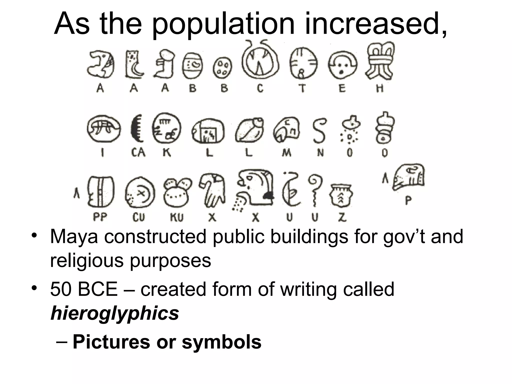 As the population increased,
• Maya constructed public buildings for gov’t and
religious purposes
• 50 BCE – created form of writing called
hieroglyphics
– Pictures or symbols
 