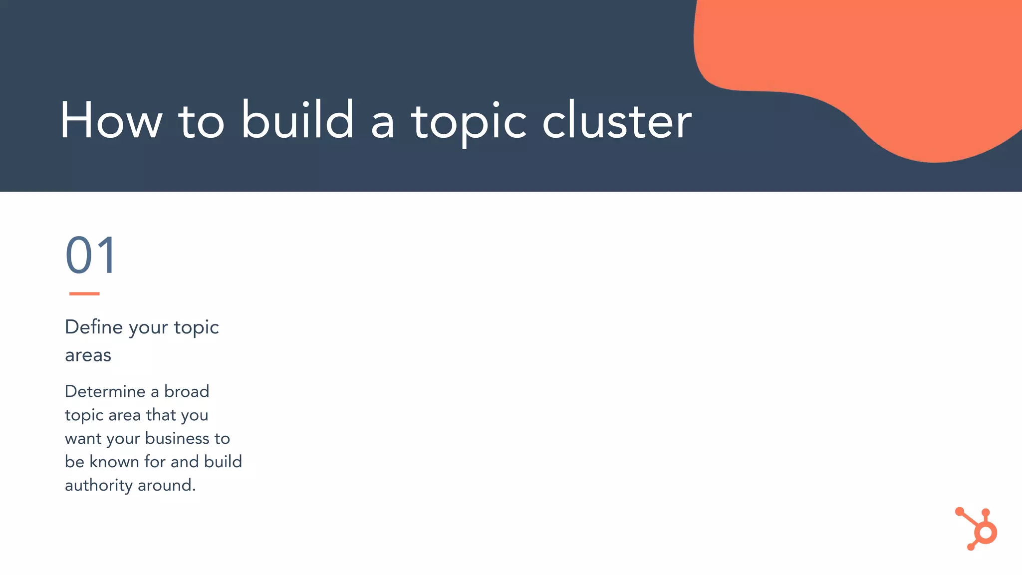 How to build a topic cluster
01
Deﬁne your topic
areas
Determine a broad
topic area that you
want your business to
be known for and build
authority around.
 