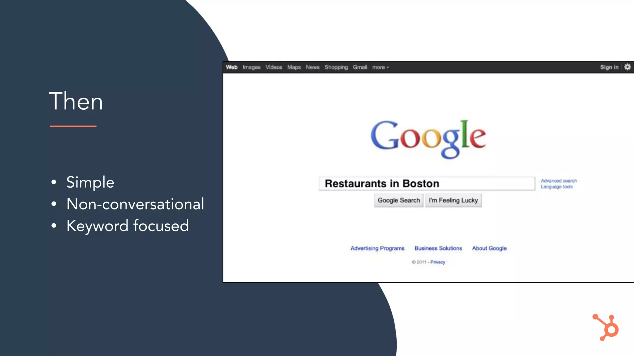 Then
• Simple
• Non-conversational
• Keyword focused
Restaurants in Boston
 