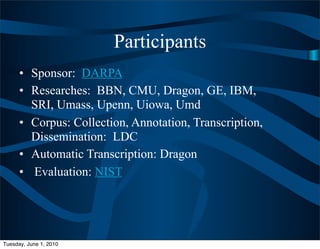 Participants
      • Sponsor: DARPA
      • Researches: BBN, CMU, Dragon, GE, IBM,
        SRI, Umass, Upenn, Uiowa, Umd
      • Corpus: Collection, Annotation, Transcription,
        Dissemination: LDC
      • Automatic Transcription: Dragon
      • Evaluation: NIST




Tuesday, June 1, 2010
 