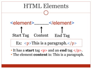 HTML Elements
<element>……………</element>
Start Tag Content End Tag
• It has a start tag <p> and an end tag </p>.
• The element content is: This is a paragraph.
Ex: <p>This is a paragraph.</p>
 