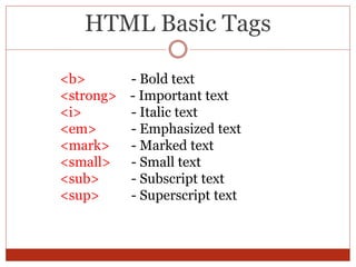 HTML Basic Tags
<b> - Bold text
<strong> - Important text
<i> - Italic text
<em> - Emphasized text
<mark> - Marked text
<small> - Small text
<sub> - Subscript text
<sup> - Superscript text
 