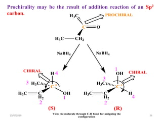 Prochirality may be the result of addition reaction of an Sp2
carbon.
(R)(S)
NaBH4
1
2
3
1
2
3
4
CH2H3C
C
H3C
4
View the molecule through C-H bond for assigning the
configuration
PROCHIRAL
CHIRAL CHIRAL
O
C 
H
OH
H3C
C
H2
C 
OH
H
H3C
C
H2
H3C H3C
NaBH4
10/6/2019 36
 