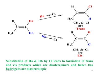 Substitution of Ha & Hb by Cl leads to formation of trans
and cis products which are diastereomers and hence two
hydrogens are diastereotopic
H3C
C C
H
Hb
Ha
H3C
C C
H
H
Cl
H3C
C C
H
Cl
H
Ha
Cl
Hb
Cl
-CH3 & -Cl
are
Cis
-CH3 & -Cl
are
Trans
10/6/2019 44
 