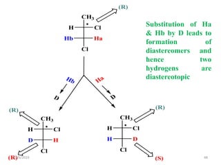 Ha
D
Hb
D
(S)
(R) (R)
(R)
CH3

H Cl
Hb Ha
Cl
CH3

H Cl
D H
Cl
CH3

H Cl
H D
Cl
(R)
Substitution of Ha
& Hb by D leads to
formation of
diastereomers and
hence two
hydrogens are
diastereotopic
10/6/2019 48
 