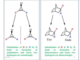 H H
Cl
D H
Cl
H D
Cl
Substitution of H & H by D
leads to formation of
enantiomers and hence two
hydrogens are enantiotopic.
H
H
D
H
H
D
Exo Endo
Substitution of H & H by D
leads to formation of
diastereomers and hence two
hydrogens are diastereotopic.
10/6/2019 57
 