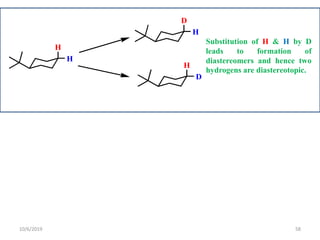 H
H
D
H
H
D
Substitution of H & H by D
leads to formation of
diastereomers and hence two
hydrogens are diastereotopic.
10/6/2019 58
 