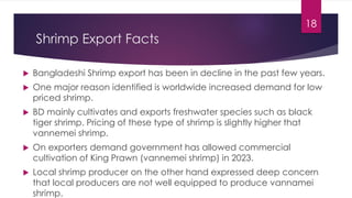Shrimp Export Facts
 Bangladeshi Shrimp export has been in decline in the past few years.
 One major reason identified is worldwide increased demand for low
priced shrimp.
 BD mainly cultivates and exports freshwater species such as black
tiger shrimp. Pricing of these type of shrimp is slightly higher that
vannemei shrimp.
 On exporters demand government has allowed commercial
cultivation of King Prawn (vannemei shrimp) in 2023.
 Local shrimp producer on the other hand expressed deep concern
that local producers are not well equipped to produce vannamei
shrimp.
18
 