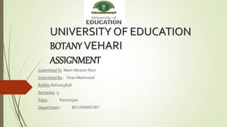 UNIVERSITY OF EDUCATION
BOTANY VEHARI
ASSIGNMENT
SubmittedTo: Mam Mewish Rani
Submitted By: Shan Mehmood
RollNo:Bsf2005828
Semester :3
Topic: Karyotype
Department : BS CHEMISTRY
 