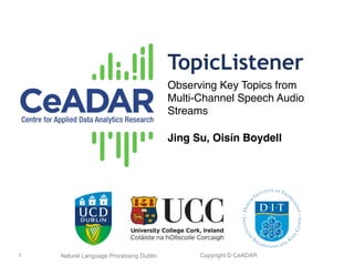 Copyright © CeADAR 201319/5/2013 Copyright © CeADARNatural Language Processing Dublin1
TopicListener
Observing Key Topics from!
Multi-Channel Speech Audio
Streams
Jing Su, Oisín Boydell
 