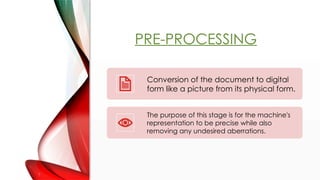 PRE-PROCESSING
Conversion of the document to digital
form like a picture from its physical form.
The purpose of this stage is for the machine's
representation to be precise while also
removing any undesired aberrations.
 