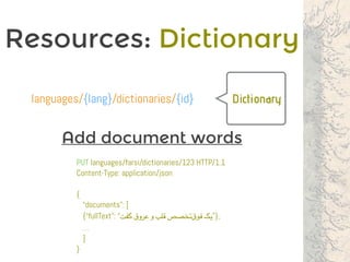 Resources: Dictionary
Dictionary
PUT languages/farsi/dictionaries/123 HTTP/1.1
Content-Type: application/json
{
“documents”: [
{“fullText”: “‫گفت‬ ‫عروق‬ ‫و‬ ‫قلب‬ ‫‌تخصص‬‫ق‬‫فو‬ ‫,}”یک‬
…
]
}
languages/{lang}/dictionaries/{id}
Add document words
 